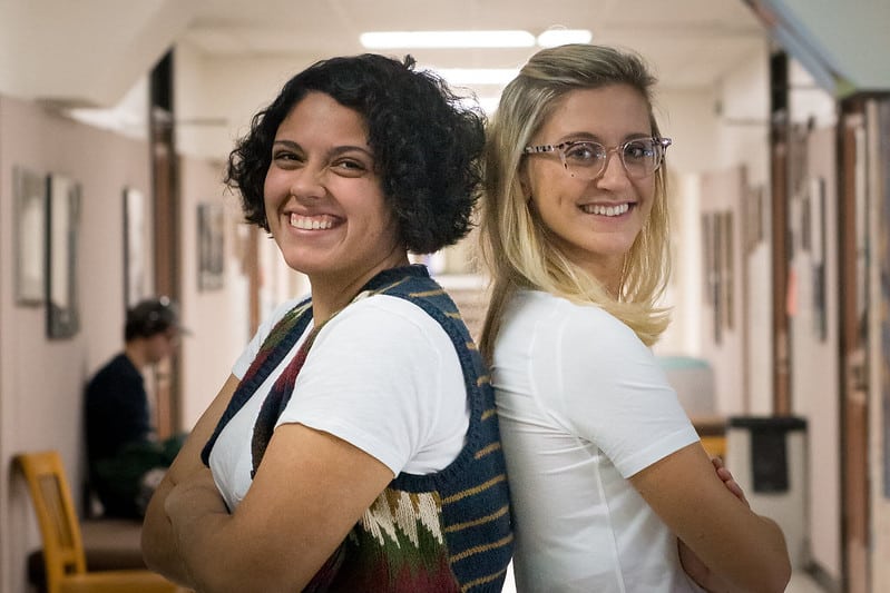 two students in the school's hallway