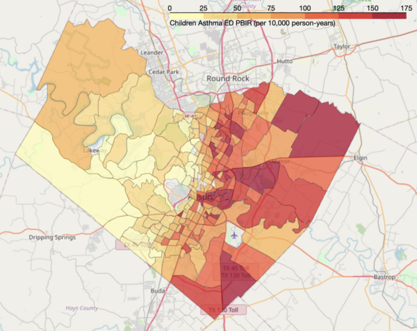 Map of asthma hospitalizations of children in Travis County. Neighborhoods East of I-35 Have Highest Rates of Pediatric Asthma-Related ER Visits in County.